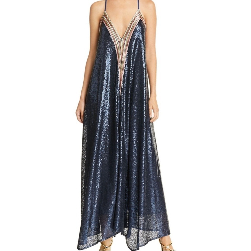 AQUA Happily Grey Sequin Maxi‎ Dress Womens Small Navy Striped Glam Formal Boho
